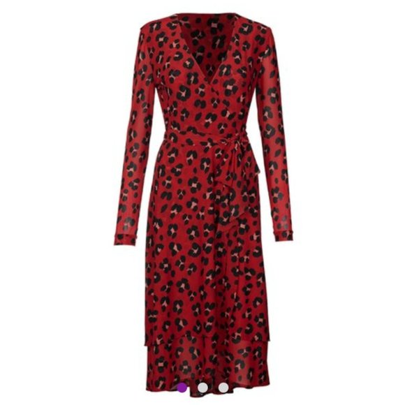 Cabi Dresses & Skirts - Red Leopard Siren Wrap Dress